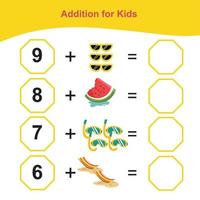 compter les articles d'été pour le préscolaire. feuille de calcul mathématique imprimable. jeu de mathématiques pour le préscolaire. fichier vectoriel. vecteur