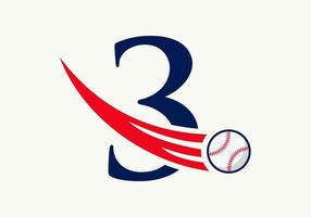 concept de logo de baseball lettre 3 avec modèle vectoriel d'icône de baseball en mouvement