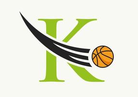lettre initiale k concept de logo de basket-ball avec icône de basket-ball en mouvement. modèle vectoriel de symbole de logotype de ballon de basket