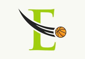 lettre initiale e concept de logo de basket-ball avec icône de basket-ball en mouvement. modèle vectoriel de symbole de logotype de ballon de basket