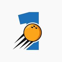 lettre initiale 1 concept de logo de bowling avec icône de boule de bowling en mouvement. modèle vectoriel de symbole de logo de sport de bowling