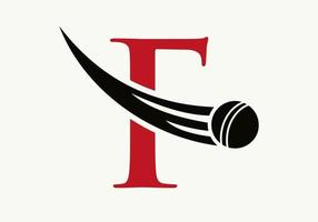 concept de logo de cricket lettre f avec icône de balle de cricket en mouvement. modèle vectoriel de symbole de logo de sport de cricket