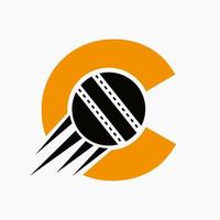 concept de logo de cricket lettre c avec icône de balle de cricket en mouvement. modèle vectoriel de symbole de logo de sport de cricket