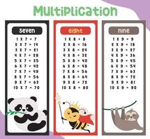 tableaux de table de multiplication avec un design d'animaux mignons pour les enfants. illustration de l'horaire des mathématiques pour les enfants. fichier d'illustration vectorielle. vecteur