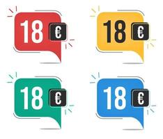 Prix 18 euros. étiquettes de devises jaunes, rouges, bleues et vertes avec concept de ballon. vecteur