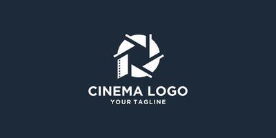 conception de vecteur de modèle de logo de lentille de cinéma. isolé sur fond sombre