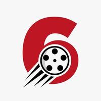 concept de logo de film lettre 6 avec bobine de film pour signe média, modèle vectoriel de symbole de réalisateur de film