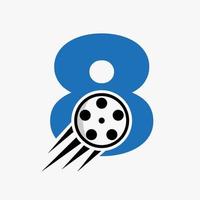 concept de logo de film lettre 8 avec bobine de film pour signe média, modèle vectoriel de symbole de réalisateur de film