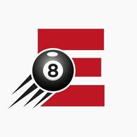 lettre e billard ou création de logo de piscine pour salle de billard ou modèle vectoriel de symbole de club de billard à 8 balles