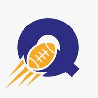 concept de logo lettre q rugby avec icône de ballon de rugby en mouvement. modèle vectoriel de symbole de logo de sport de rugby