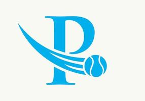 concept de logo de tennis lettre p avec icône de balle de tennis en mouvement. modèle vectoriel de symbole de logo de sport de tennis
