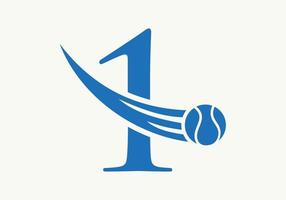 concept de logo de tennis lettre 1 avec icône de balle de tennis en mouvement. modèle vectoriel de symbole de logo de sport de tennis