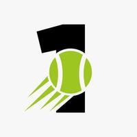 concept de logo de tennis lettre 1 avec icône de balle de tennis en mouvement. modèle vectoriel de symbole de logo de sport de tennis