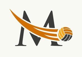 signe de conception de logo de volley-ball lettre m. modèle de vecteur de symbole de logo de sport de volley-ball