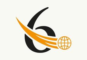concept de logo mondial lettre 6 avec modèle vectoriel d'icône globale en mouvement