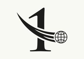 concept de logo mondial lettre 1 avec modèle vectoriel d'icône globale en mouvement