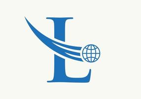 concept de logo mondial lettre l avec modèle vectoriel d'icône globale en mouvement