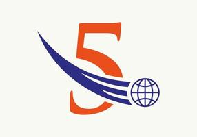 concept de logo mondial lettre 5 avec modèle vectoriel d'icône globale en mouvement