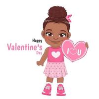 saint valentin avec petite fille africaine américaine tenant le vecteur de conception de personnage de dessin animé de signe de coeur