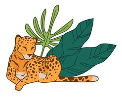 Léopard portant sur le sol par de larges feuilles feuillage vecteur