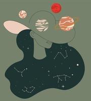 portrait de femme et planètes sur chapeau, espace galaxie vecteur