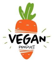 étiquette de produit végétalien, carotte crue et emblème de texte vecteur