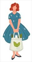 personnage féminin avec sac à provisions en toile écologique vecteur