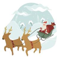 Père Noël à cheval sur un traîneau avec des rennes, vacances de Noël vecteur