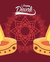 joyeuse fête de diwali avec deux bougies et mandala vecteur