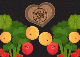 affiche de la journée mondiale de lalimentation avec légumes et coeur en bois sur fond noir vecteur