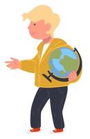 écolier avec globe, garçon avec planète modèle sur la leçon de géographie vecteur