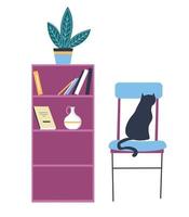 étagère avec plante d'intérieur et chat assis sur une chaise vecteur