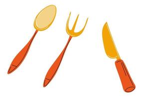 couverts dorés, cuillère et fourchette avec vecteur de couteau