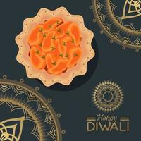 joyeuse fête de diwali avec de la nourriture et des mandalas dorés vecteur