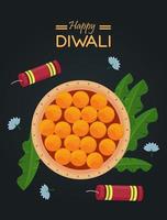 joyeuse fête de diwali avec de la nourriture et des fusées de feu d'artifice vecteur