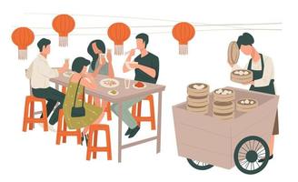 intérieur du restaurant chinois, personnes mangeant vecteur de nourriture asiatique