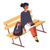 personnage féminin assis sur un banc avec sac à dos et livres vecteur