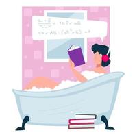 personnage apprenant les mathématiques en prenant une baignoire à bulles, auto-éducation vecteur