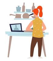 femme apprenant à cuisiner avec un ordinateur portable et des émissions de télévision vecteur