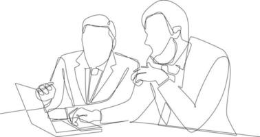 une ligne continue dessinant deux hommes d'affaires intelligents discutant d'un projet au bureau. concept de conseil aux entreprises. illustration graphique vectorielle de dessin à une seule ligne. vecteur