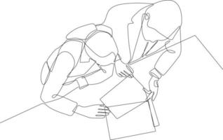 une ligne continue dessinant une femme d'affaires assise et consultant avec un jeune homme professionnel au bureau. concept de conseil aux entreprises. illustration graphique vectorielle de dessin à une seule ligne. vecteur