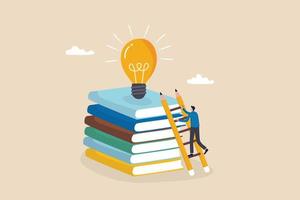 créativité, connaissances pour réussir, imagination ou éducation pour développer des compétences, inspiration ou trouver un concept de solution, jeune adulte grimper sur une pile de livres pour trouver une ampoule créative. vecteur