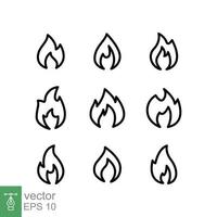 jeu d'icônes de ligne de flamme de feu. style de contour simple. logo inflammable, feu de joie, chaleur, chaud, concept d'avertissement de brûlure, symbole lumineux. collection d'illustration vectorielle fine ligne isolée sur fond blanc. ep 10. vecteur