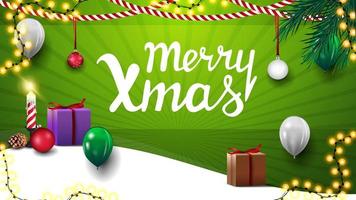 joyeux Noël, carte postale verte pour la page d'accueil de votre site Web avec des cadeaux de Noël, des guirlandes et des ballons vecteur