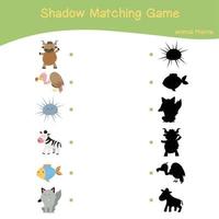 animaux correspondant au jeu d'ombre pour les enfants d'âge préscolaire. feuille de travail imprimable éducative. faire correspondre les images avec la feuille de calcul de l'ombre. fichier vectoriel. vecteur