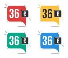 Prix 36 euros. étiquettes de devises jaunes, rouges, bleues et vertes avec concept de ballon de parole. vecteur