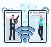 deux collègues de travail tiennent une vidéoconférence d'affaires par téléphone via une illustration vectorielle plane wifi vecteur