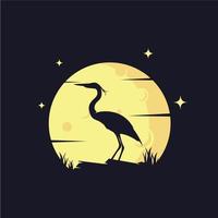 héron avec modèle de logo de fond de lune jaune vecteur