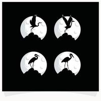 silhouette de héron avec modèle de conception de logo de fond de lune vecteur