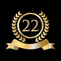 Modèle or et noir de célébration du 22e anniversaire. élément de logo de crête héraldique or style luxe vecteur de laurier vintage